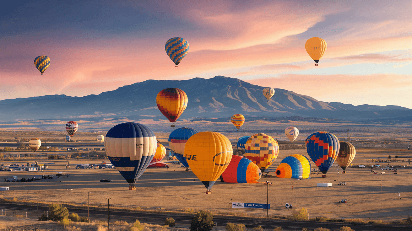 The Albuquerque International Balloon Fiesta launch field at dawn with dozens of colorful hot air balloons inflating and rising above the Rio Grande valley, Sandia Mountains in the background bathed in early morning light