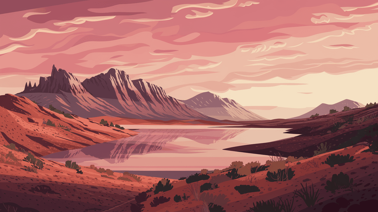 Panoramic view of the Sandia Mountains at sunset with a warm pink alpenglow over Albuquerque's high desert landscape, dry arroyos and desert scrub in the foreground
