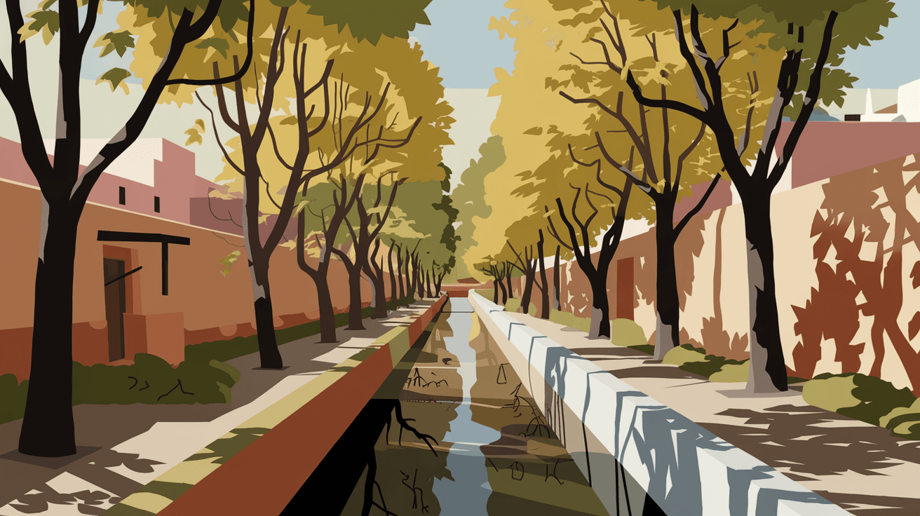 A quiet tree-lined acequia irrigation ditch running through a North Valley neighborhood in Albuquerque, with cottonwood trees and adobe walls alongside the water