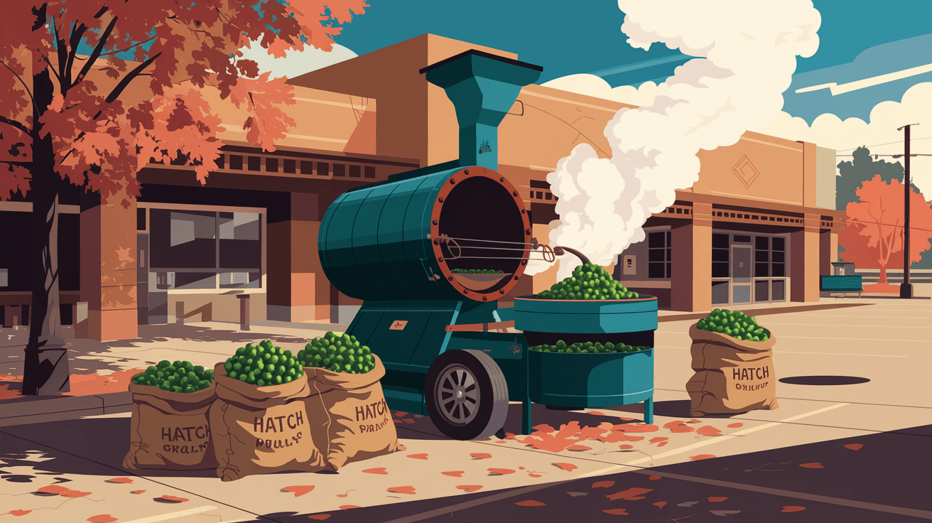 A colorful New Mexico green chile roaster set up in an Albuquerque parking lot in autumn, with burlap sacks of fresh Hatch green chiles and smoke rising from the rotating drum