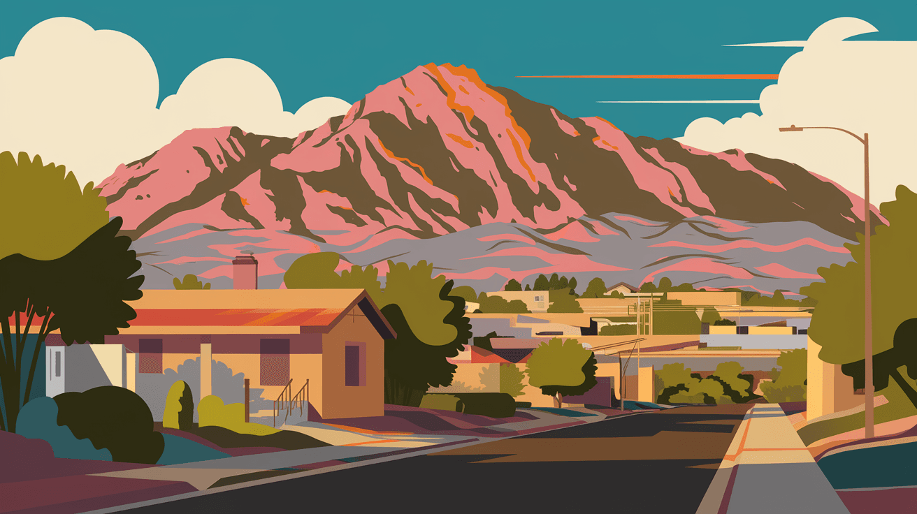 The Sandia Mountains glowing pink and orange at sunset as seen from a residential street in Albuquerque's Northeast Heights, with a wide desert sky and single-story adobe homes in the foreground