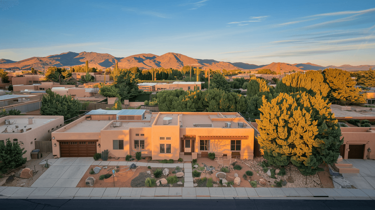 Aerial view of an Albuquerque neighborhood near the Sandia Mountains foothills, showing adobe-style homes with terracotta roofs, mature desert landscaping, and mountain views under a wide blue sky