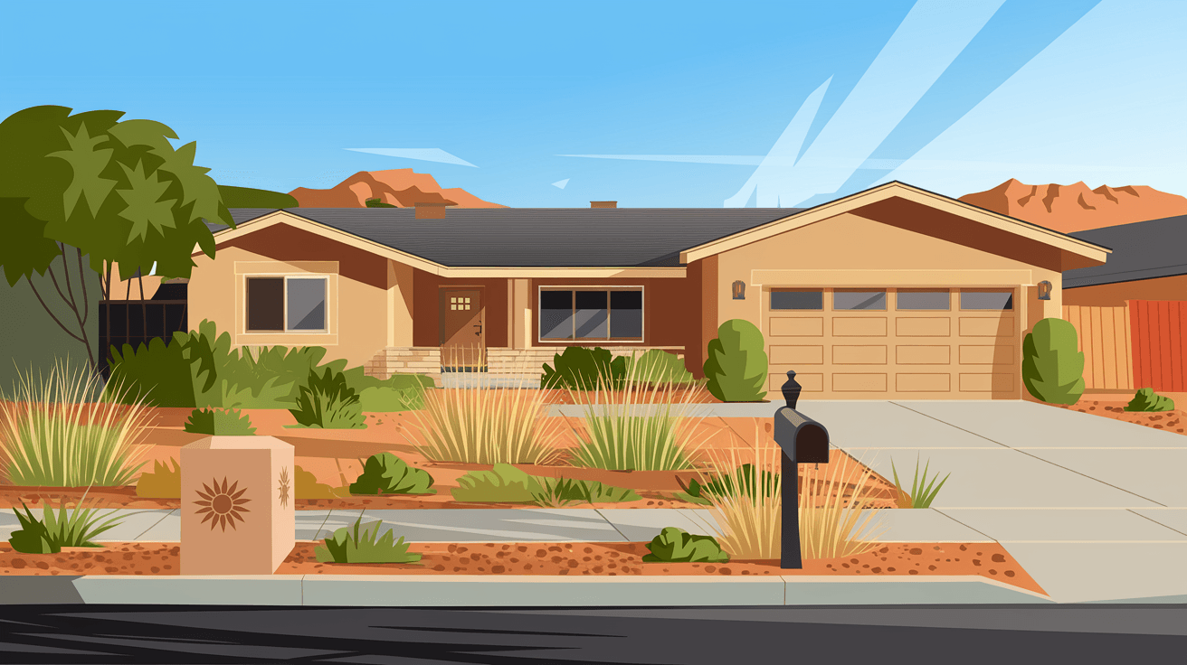 A well-kept 1970s ranch-style home in Albuquerque's Northeast Heights neighborhood with a xeriscaped front yard, Zia sun symbol on the mailbox, and the Sandia Mountains visible in the distance on a clear blue-sky morning
