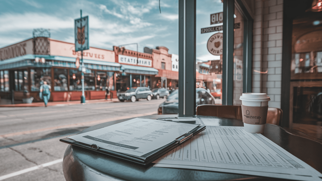 A real estate agent reviewing property documents and a rent roll spreadsheet at a coffee shop on Central Avenue in Nob Hill, with the eclectic streetscape visible through the window