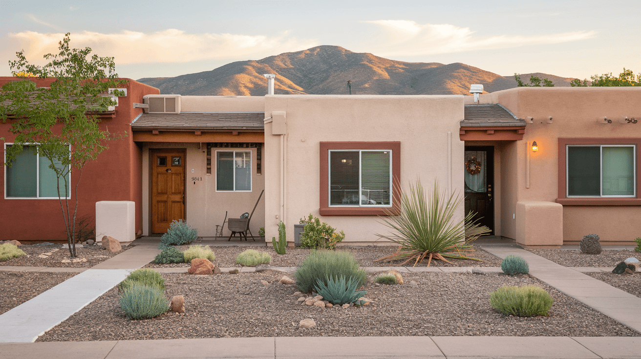 A well-maintained fourplex in Albuquerque's Southeast Heights neighborhood, with xeriscaped front yards, individual unit entries, and the Manzano Mountains visible in the late afternoon light