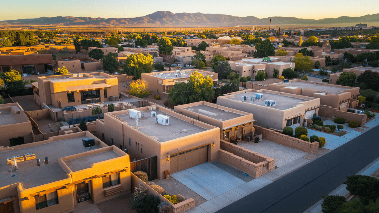 Aerial view of a well-maintained Albuquerque duplex neighborhood near the University of New Mexico, warm afternoon light, adobe-style architecture, Sandia Mountains visible in the background