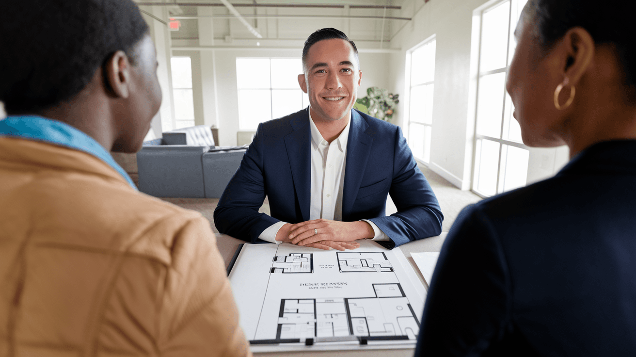 A Taylor Team real estate agent sitting across from home buyers at a table with floor plans and a new construction contract, inside a bright modern builder sales office in Albuquerque