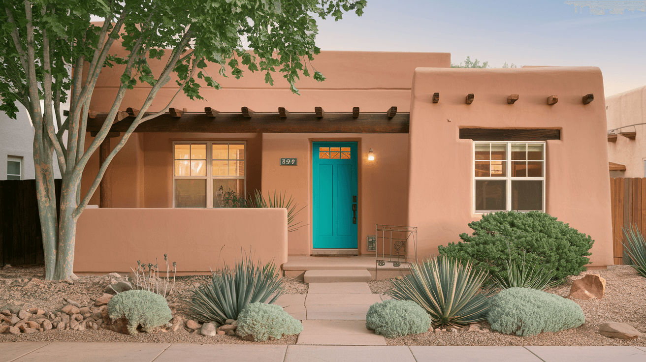 A charming single-story adobe home with a freshly painted turquoise door and desert landscaping in an established Albuquerque neighborhood, representing an attainable home purchase with assistance programs