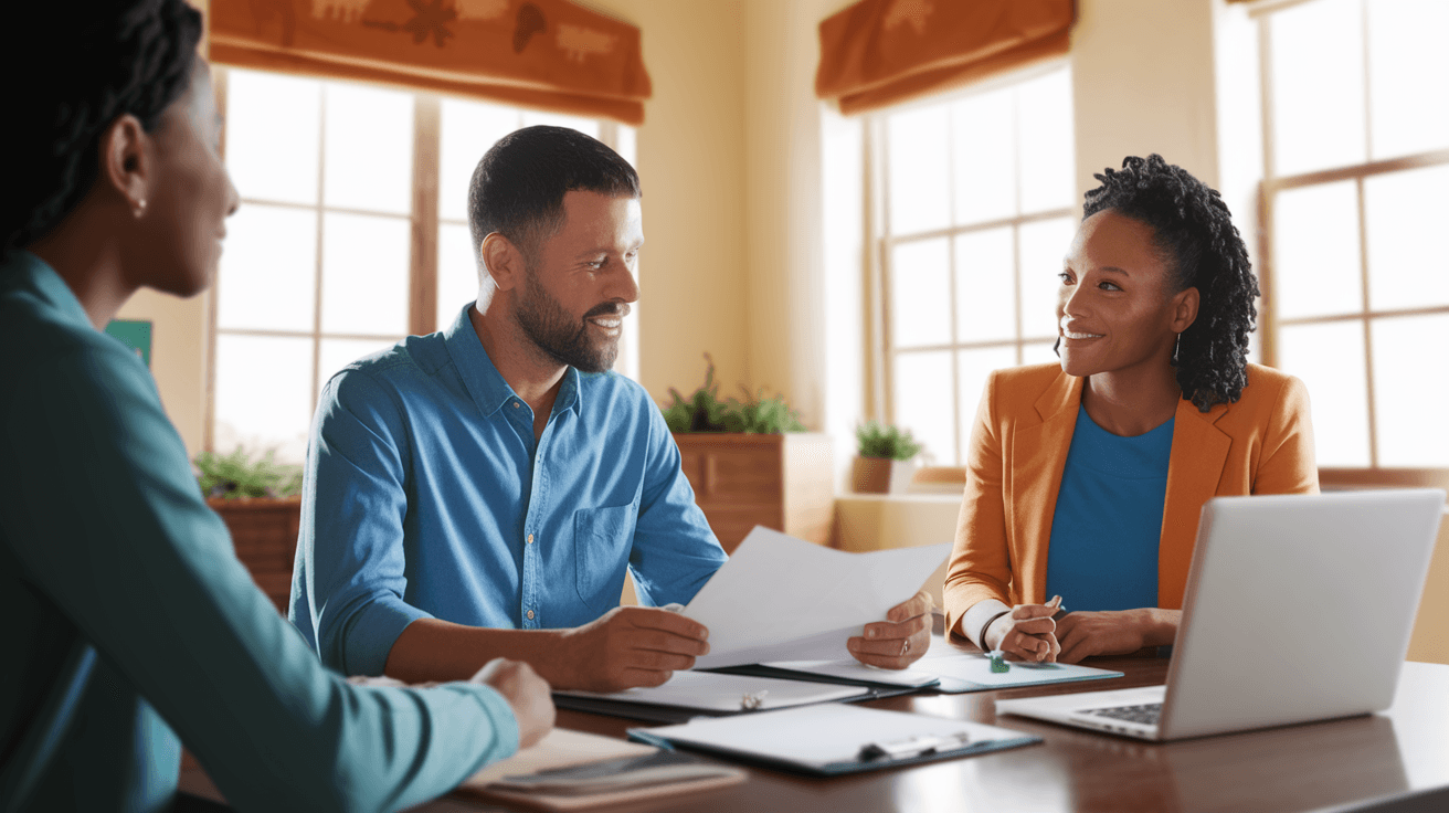 A first-time home buyer consulting with a mortgage lender at a desk with documents and a laptop, inside a bright Albuquerque office with warm southwestern decor