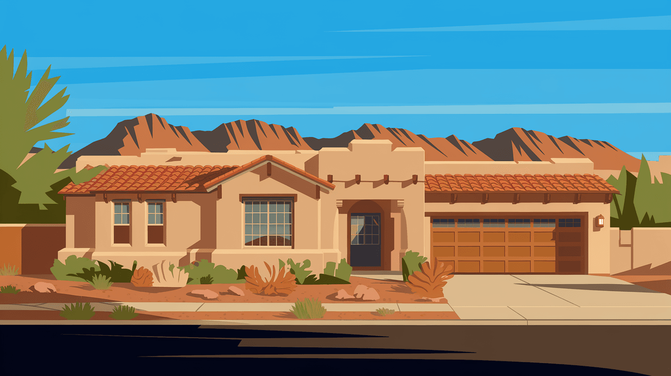 A sunlit adobe-style home with a terracotta tile roof and desert landscaping in an Albuquerque neighborhood, with the Sandia Mountains visible in the background under a bright blue New Mexico sky