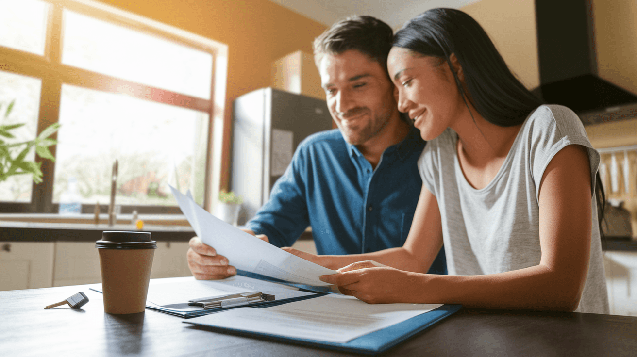 A first-time home buyer couple reviewing loan documents at a kitchen table in a newly purchased Albuquerque home, afternoon light through the window, no faces visible, warm interior tones