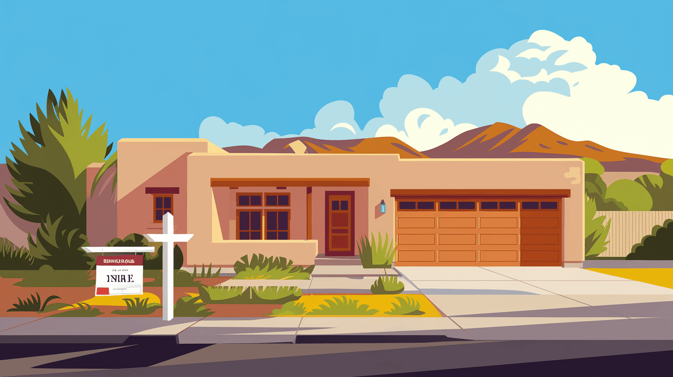 A sunlit adobe-style starter home in Albuquerque's North Valley with a for-sale sign in the front yard, the Sandia Mountains visible in the background under a bright blue New Mexico sky