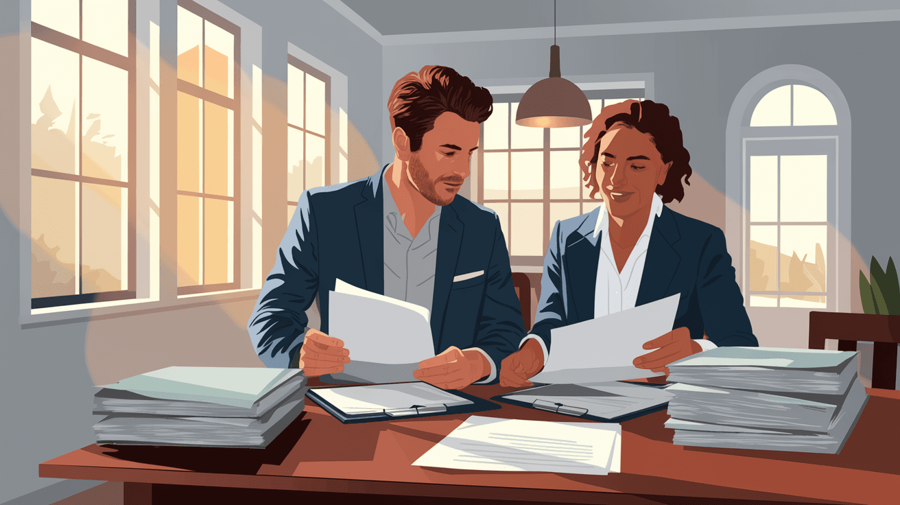 A first-time buyer and a real estate agent reviewing loan documents at a wooden table inside a bright Albuquerque office, afternoon light coming through large windows