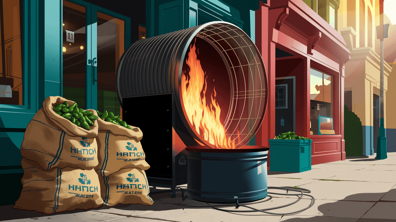 A wire chile roasting drum turning over an open propane flame in front of a Nob Hill storefront on Central Avenue, burlap sacks of fresh Hatch green chiles stacked nearby, warm morning light
