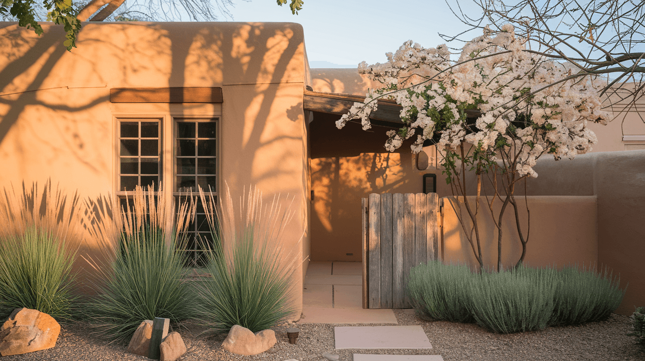 A sun-drenched courtyard patio outside a renovated 1940s brick bungalow in Nob Hill, with desert landscaping, a wooden gate, and warm afternoon light casting shadows across the facade