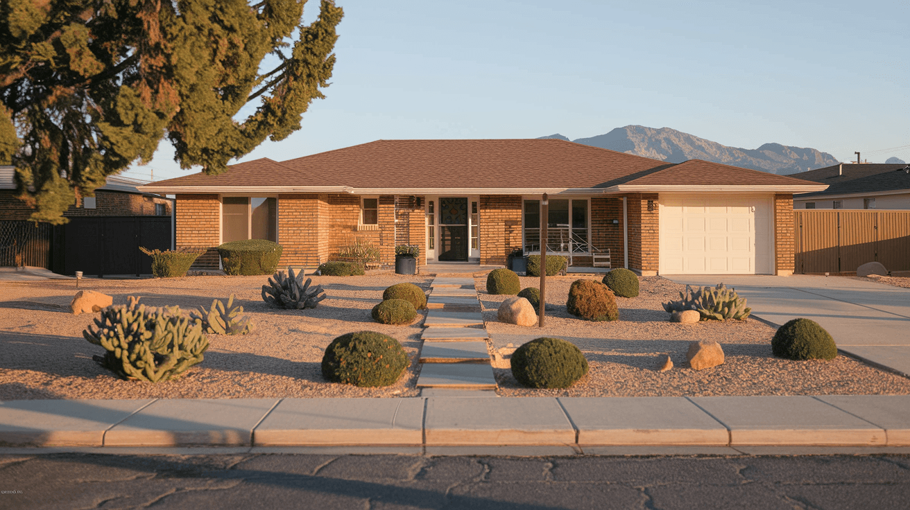 A well-maintained 1970s brick ranch-style home in Northeast Heights with a freshly landscaped front yard, Saltillo tile entry path, and the Sandia Mountains visible in the distance
