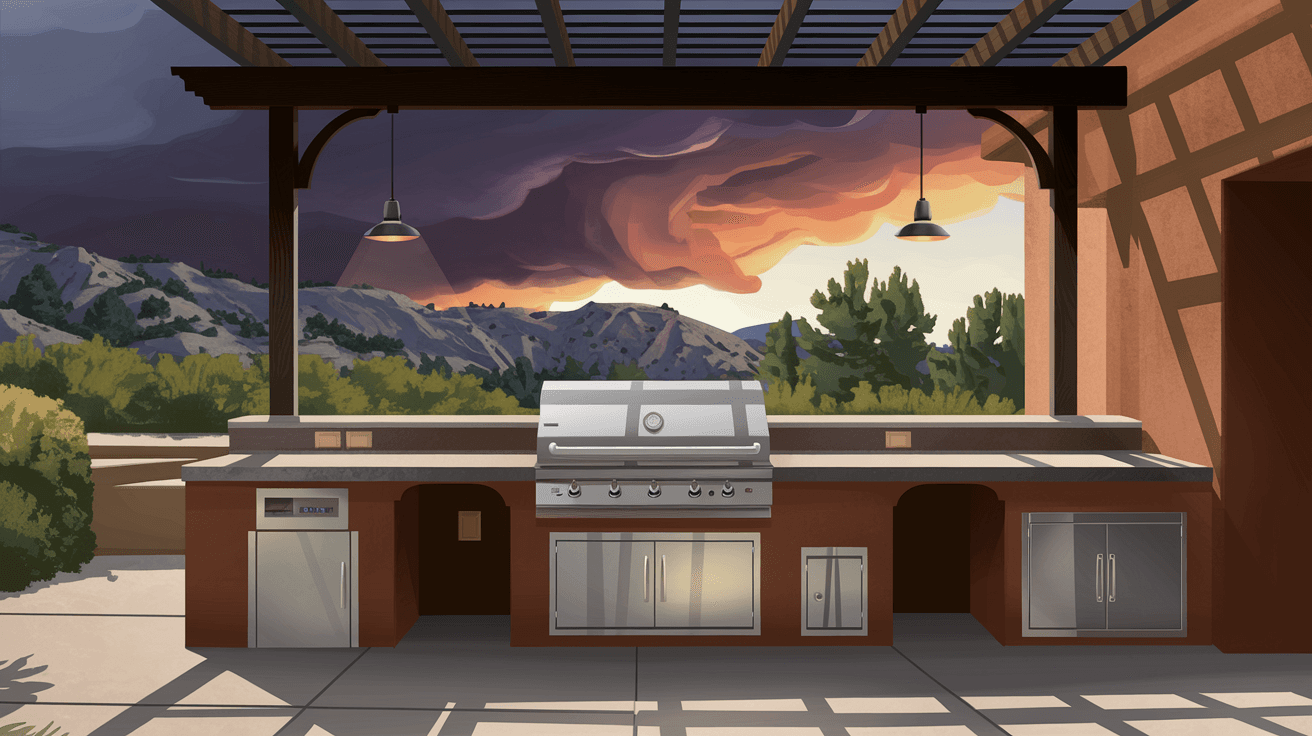 An Albuquerque home's covered outdoor kitchen with built-in grill and Sandia Mountain views visible in the background under a dramatic monsoon sky