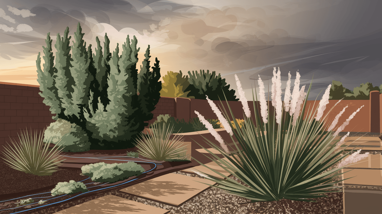 A lush xeriscaped backyard in Albuquerque with native desert plants, decomposed granite pathways, and a drip irrigation system after a summer monsoon rain