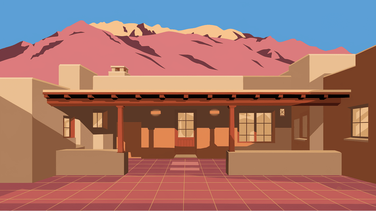 A sun-drenched adobe home in Albuquerque's North Valley with a traditional covered portal, terracotta tile flooring, and the Sandia Mountains glowing pink at sunset in the background