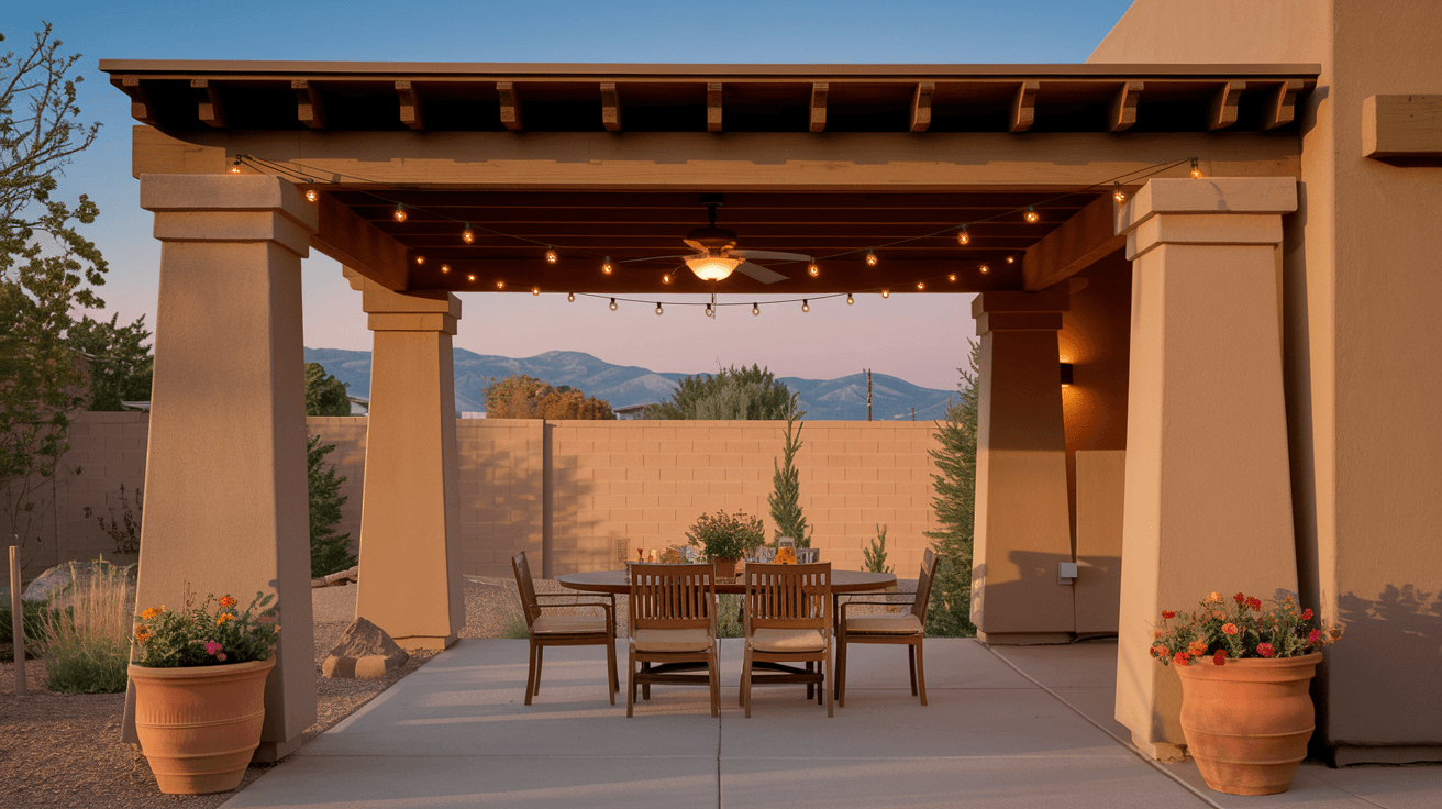 A staged outdoor living area in an Albuquerque backyard featuring a covered pergola with ceiling fan, a wooden dining table set for four, terracotta pots with colorful blooms, and warm string lights at dusk with the Sandia Mountains visible in the distance