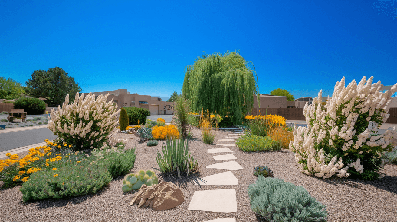A lush xeriscape front yard in an Albuquerque neighborhood featuring decomposed granite paths, blooming chamisa, desert willow trees, and colorful native perennials under a bright blue New Mexico sky