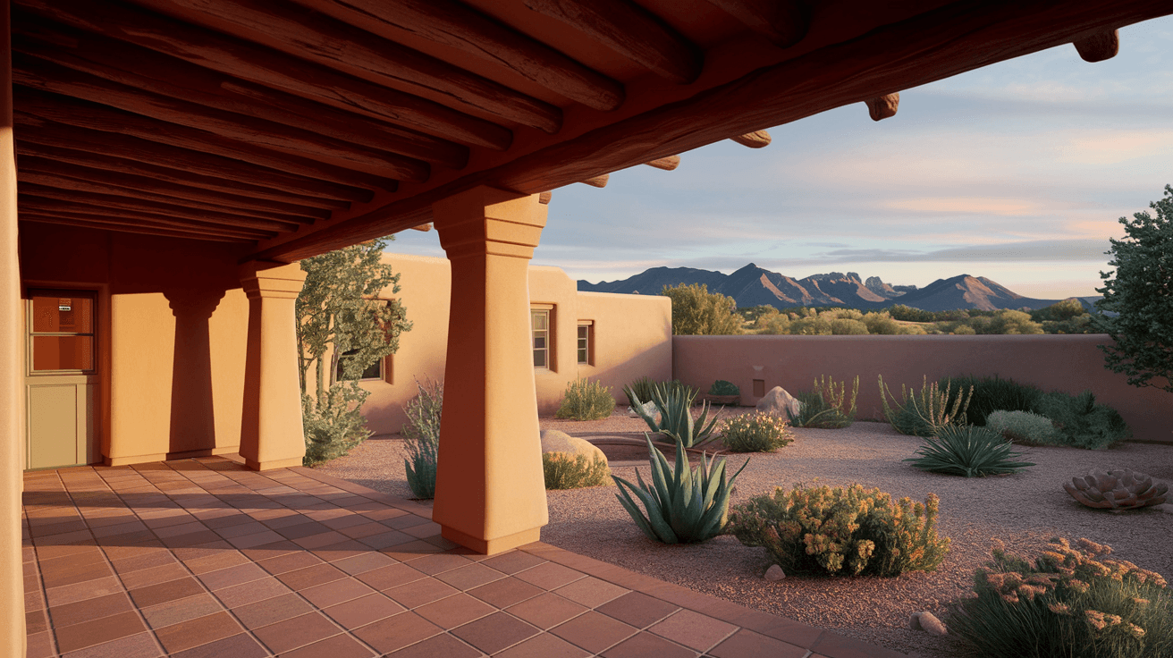 A beautifully covered adobe-style portal with terracotta tile flooring, wood beam ceiling, and string lights overlooking a xeriscape backyard with the Sandia Mountains glowing at sunset in the background