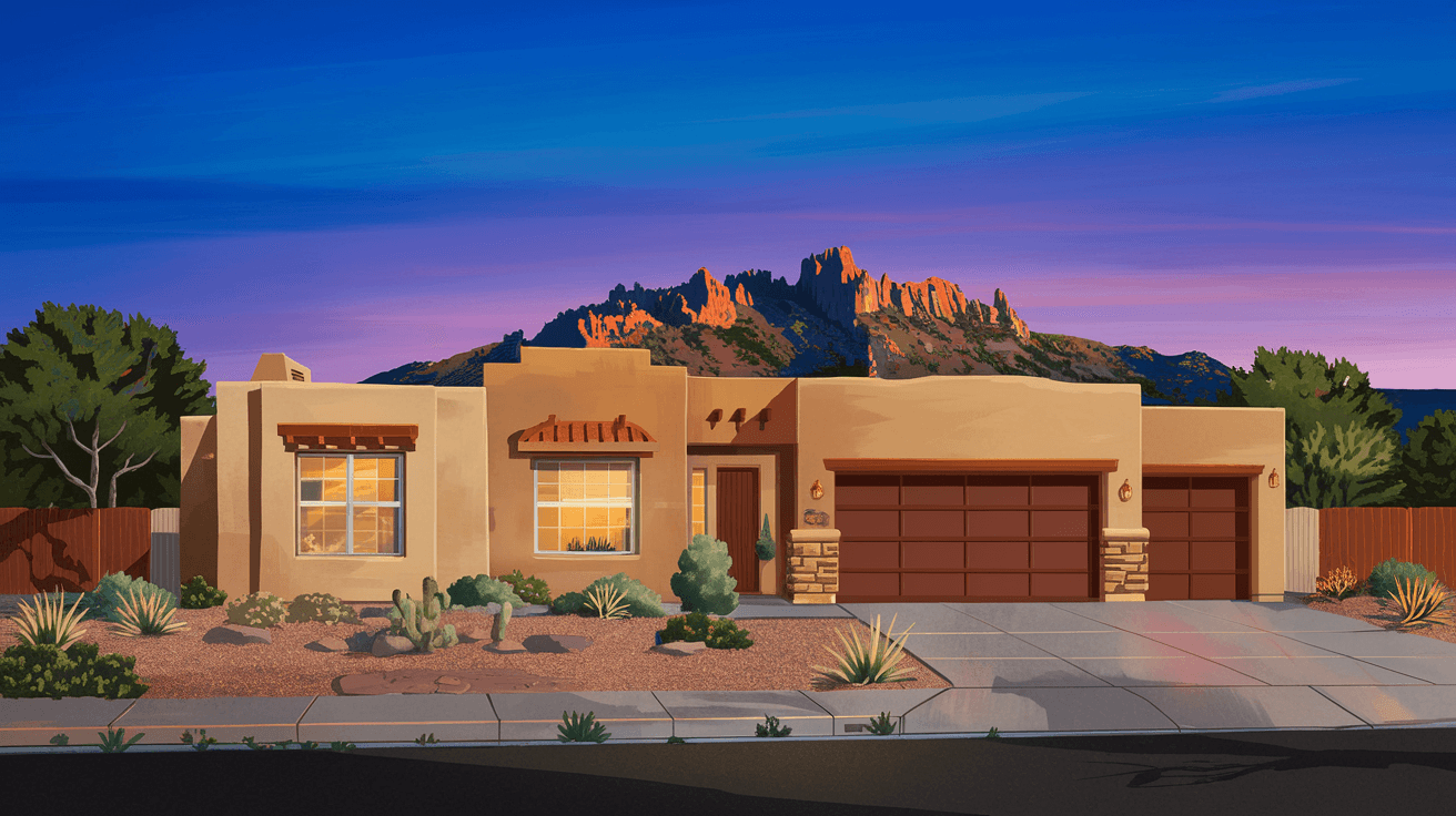 A tree-lined residential street in Albuquerque's North Valley with mature cottonwood trees, adobe-style homes, and the Sandia Mountains visible in the distance on a clear afternoon