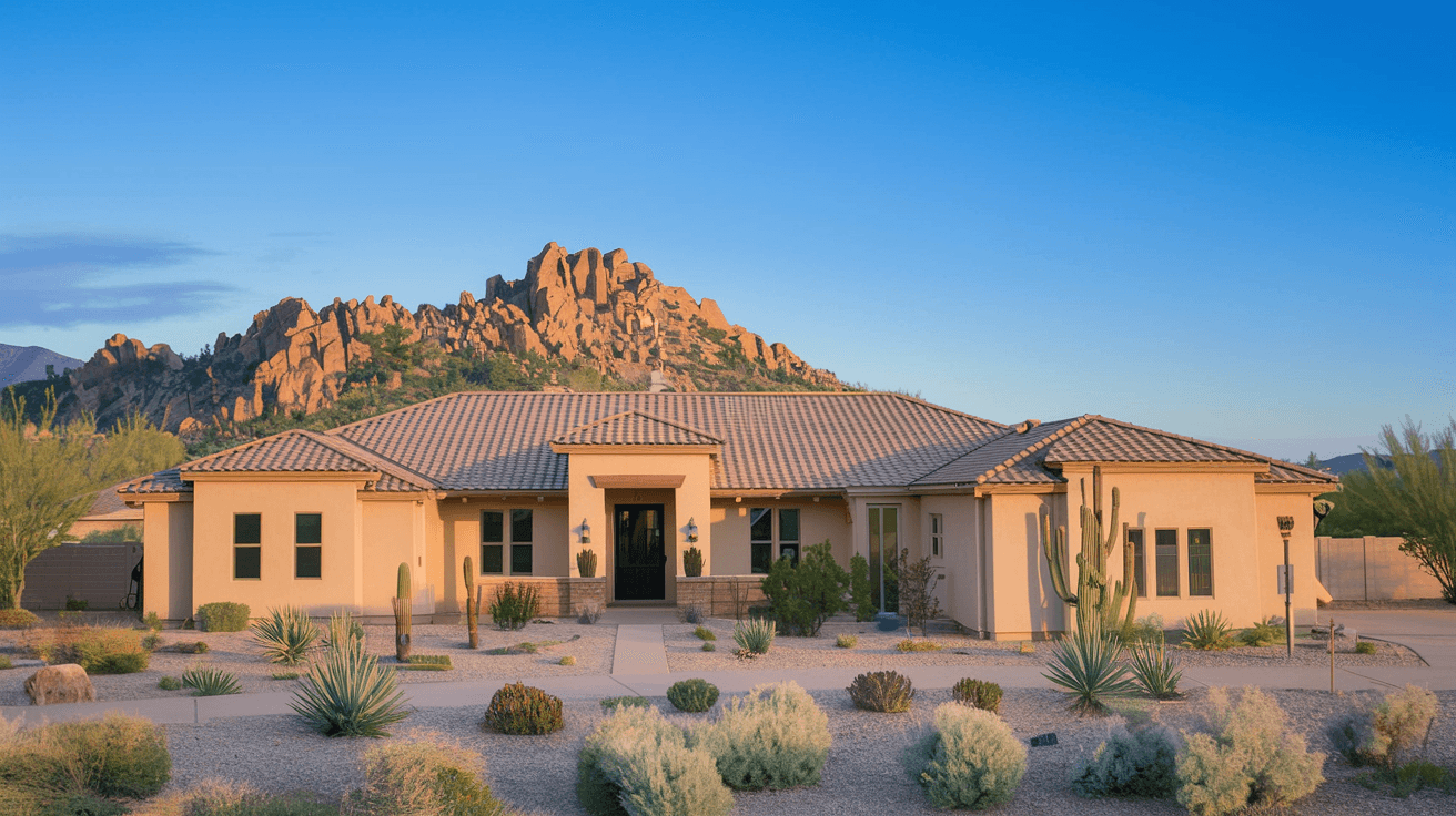A spacious Four Hills home with a tile roof and desert landscaping, framed by the rocky Sandia Mountains and a wide blue New Mexico sky