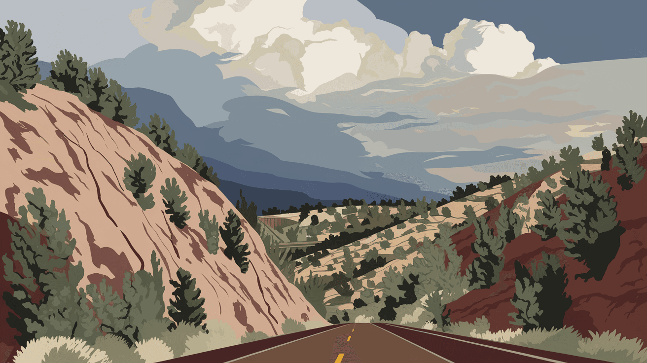 A scenic view of the Tijeras Canyon corridor on I-40 east of Albuquerque, with rocky canyon walls and pinon-covered hillsides under a dramatic New Mexico sky