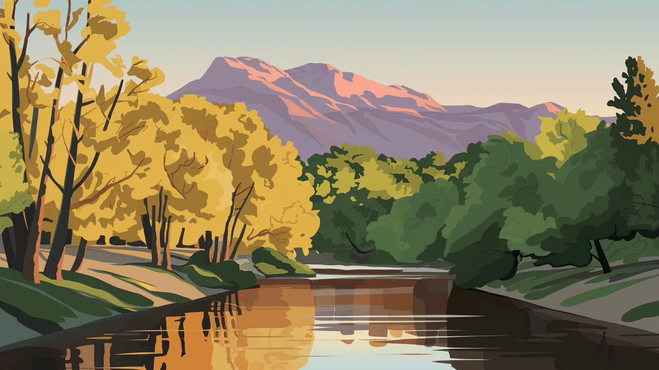 A wide-angle view of the Rio Grande bosque in Albuquerque at golden hour, cottonwood trees lining the riverbank with the Sandia Mountains glowing pink in the distance, calm water reflecting the evening sky