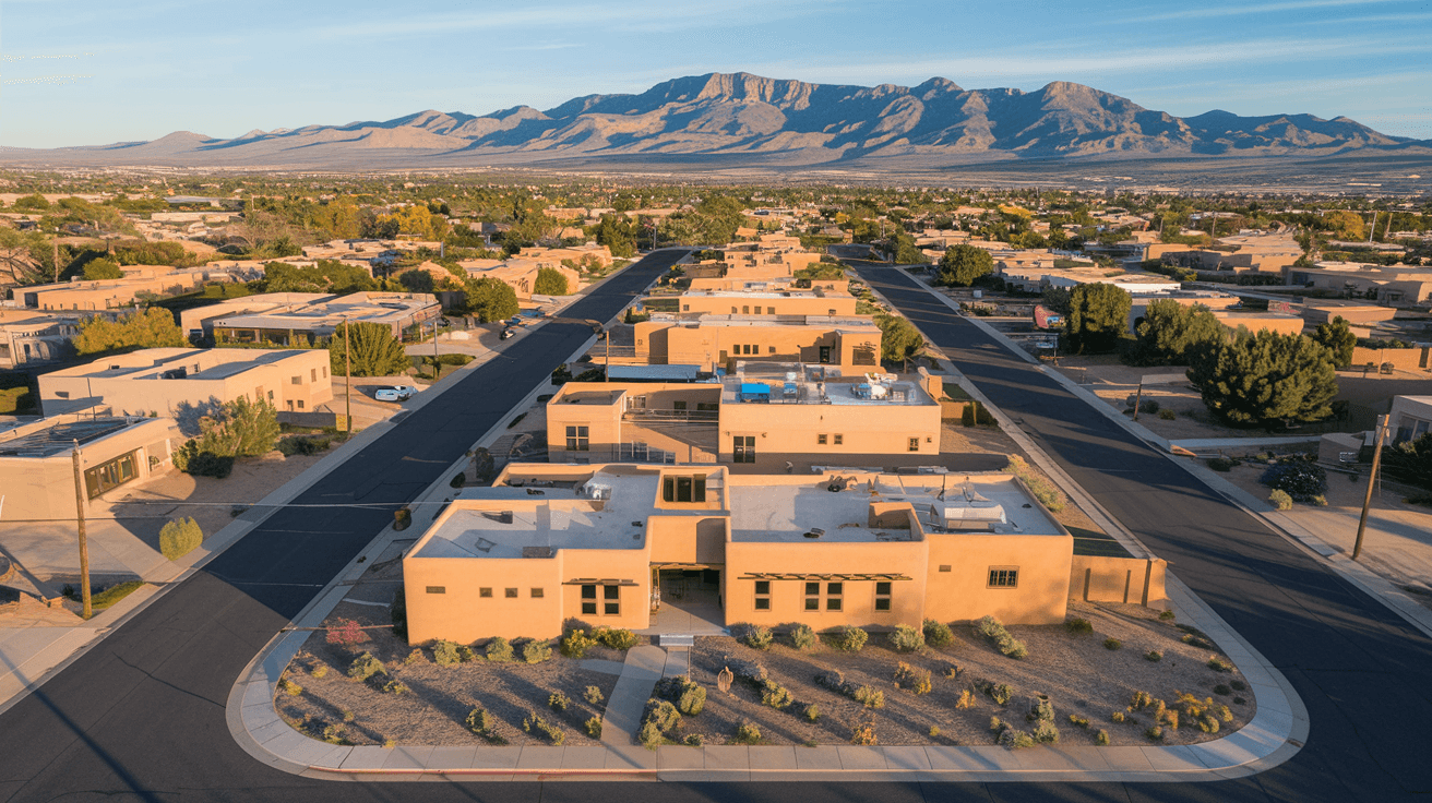 Aerial view of an Albuquerque residential neighborhood in the High Desert area with adobe-style homes, desert landscaping, and the Sandia Mountains rising dramatically in the background under a wide New Mexico sky
