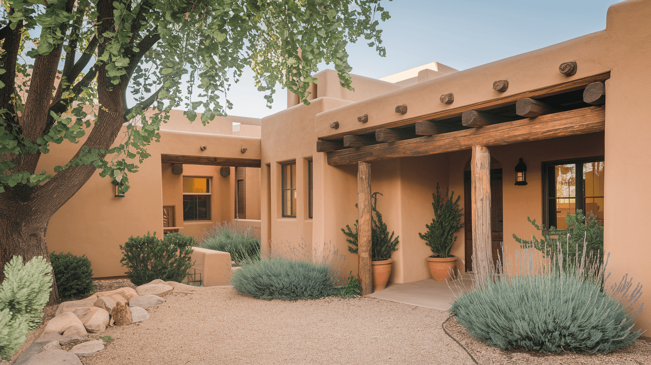 A charming traditional adobe home in Albuquerque's North Valley with a wooden portal, desert garden of native plants, and a mature cottonwood tree casting afternoon shade across a gravel courtyard