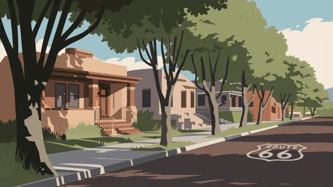 A tree-lined street in Nob Hill, Albuquerque, with 1950s adobe bungalows and morning light filtering through mature cottonwood trees, Route 66 signage visible in the soft background