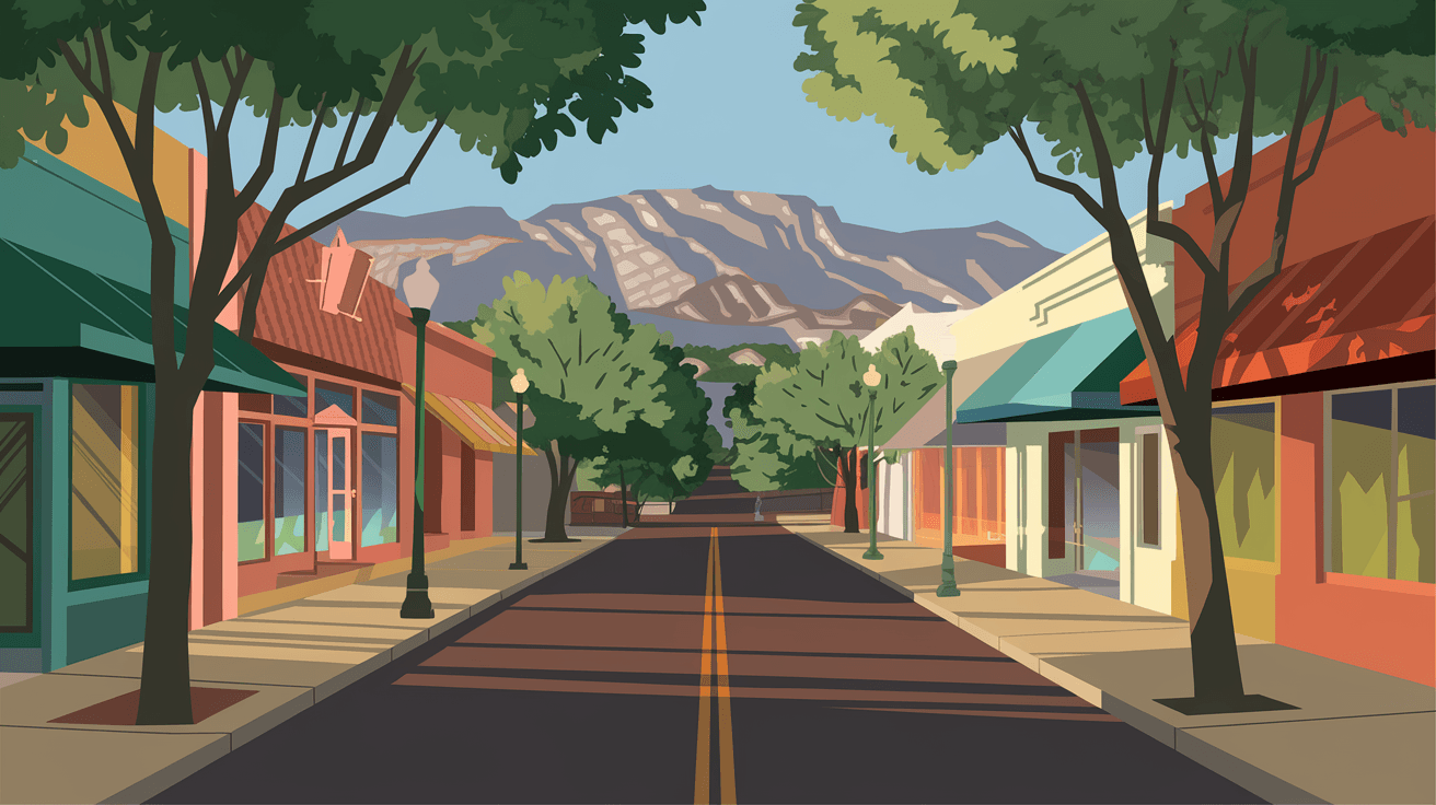 A vibrant street-level view of Central Avenue in Nob Hill, Albuquerque, showing eclectic storefronts, mature trees lining the sidewalk, and the Sandia Mountains visible at the end of the street