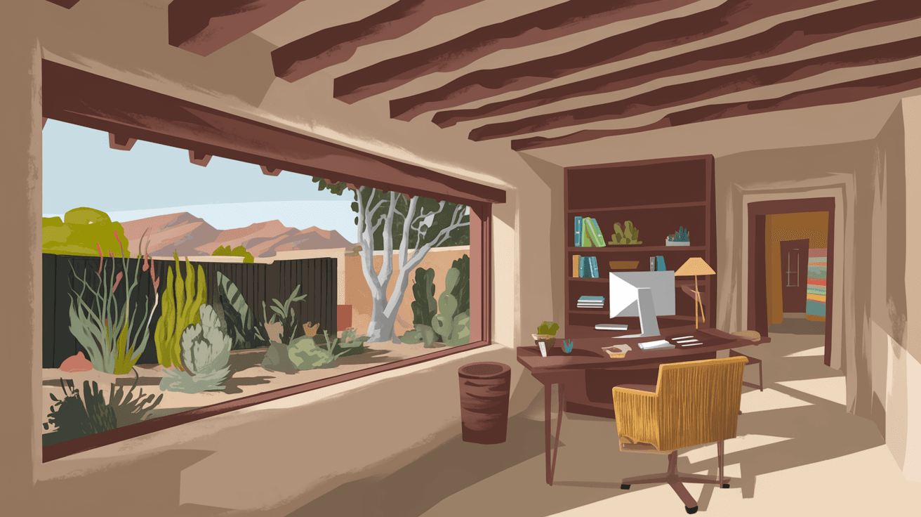A bright, airy home office inside an Albuquerque adobe house with vigas on the ceiling, a large window overlooking a xeriscape garden, and the Sandia Mountains in the distance