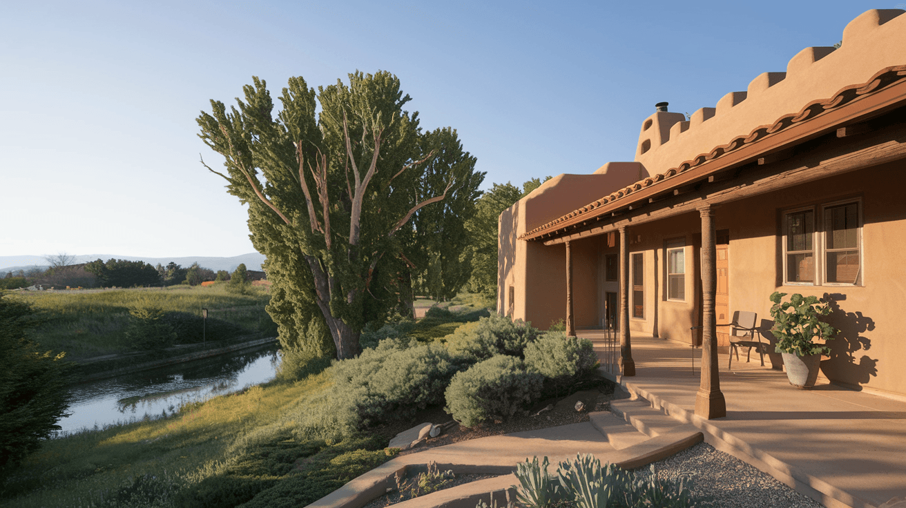 A wide front porch of a Santa Fe-style adobe home in Albuquerque's North Valley, with mature cottonwood trees and an acequia visible in the soft afternoon light