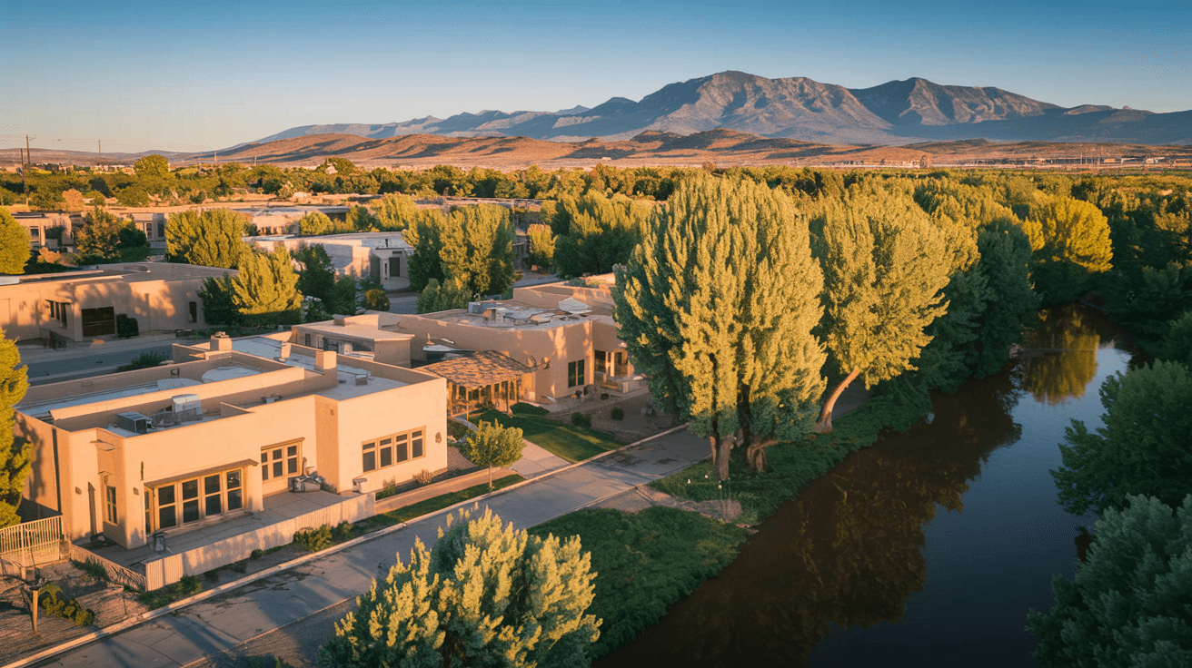 Aerial view of an Albuquerque neighborhood with adobe-style homes, mature cottonwood trees along the Rio Grande bosque, and the Sandia Mountains rising in the background under a clear blue sky