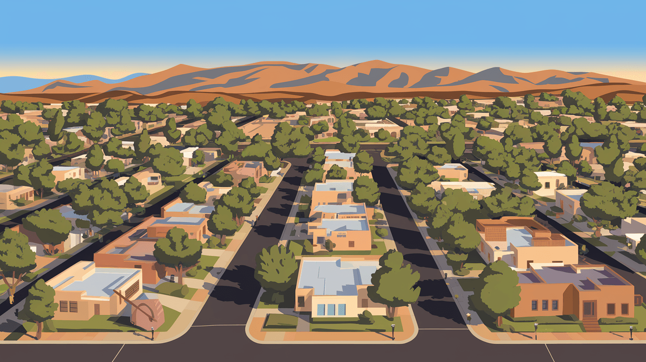 Aerial view of an Albuquerque residential neighborhood in the Northeast Heights with the Sandia Mountains rising in the background under a clear blue sky