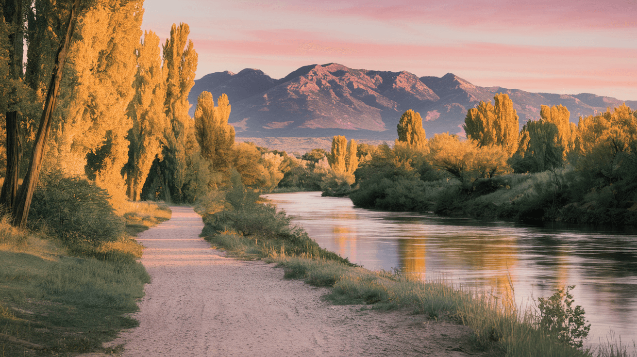 Morning light over the Rio Grande bosque in Albuquerque, with cottonwood trees lining the river path and the Sandia Mountains glowing pink in the early sunrise