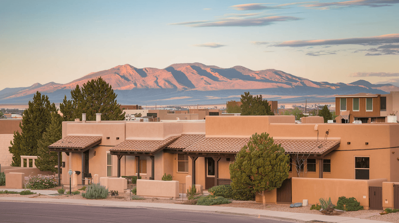 Panoramic view of Albuquerque's Northeast Heights neighborhood at golden hour, with adobe-style homes in the foreground and the Sandia Mountains glowing pink behind them under a vast New Mexico sky