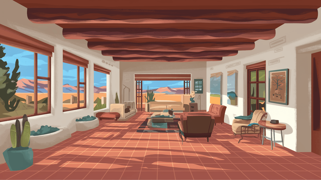 A spacious, light-filled interior of a Southwestern-style home in Albuquerque with terracotta tile floors, exposed wood beam ceiling, and large windows framing a view of the Sandia Mountains