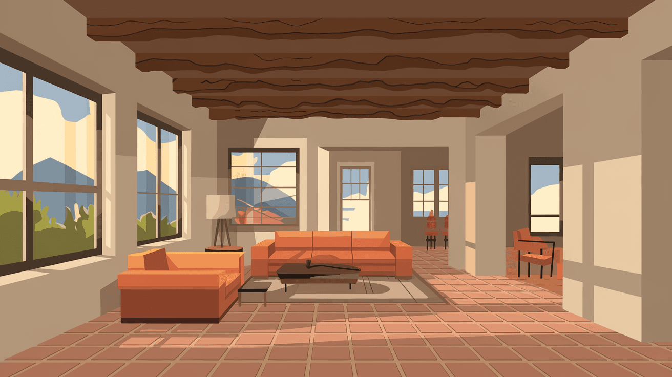 A bright, open-concept living room inside a modern adobe home in Albuquerque, featuring vigas on the ceiling, large windows with mountain views, and warm natural light streaming across Saltillo tile floors