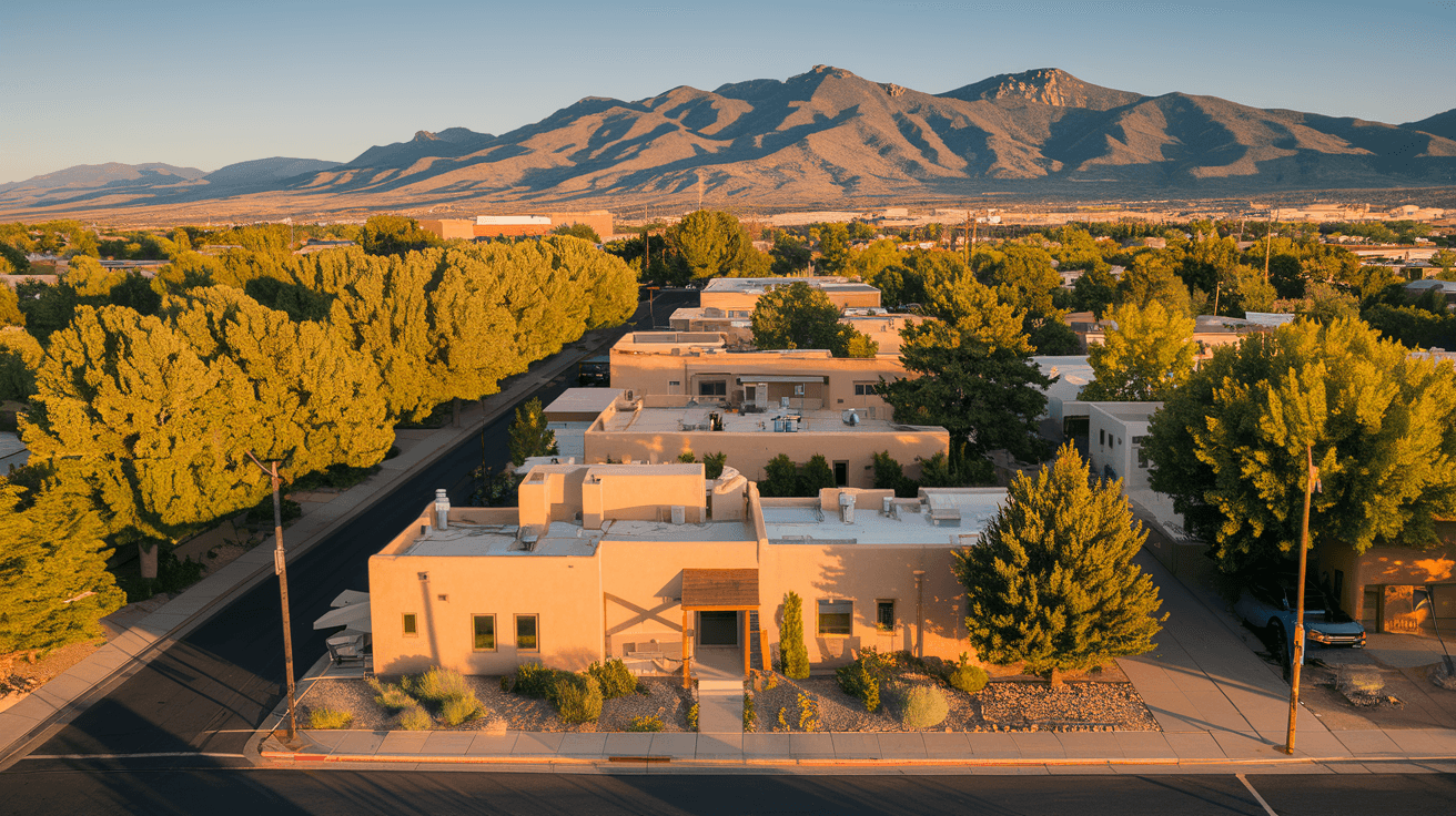 Wide aerial view of an Albuquerque neighborhood with adobe-style homes, mature trees lining residential streets, and the Sandia Mountains rising dramatically in the background under a clear blue sky