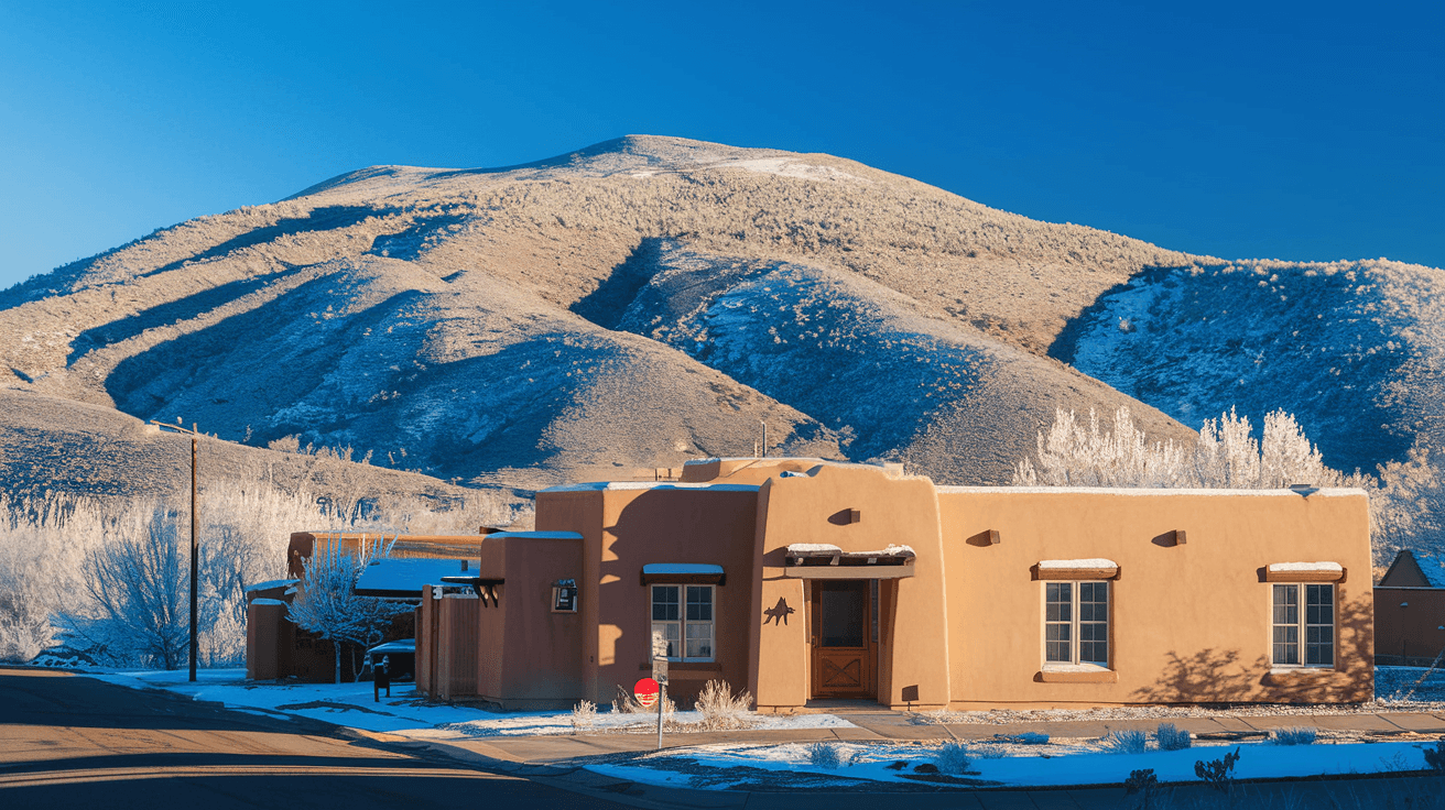 The Sandia Mountains dusted with early winter snow as seen from a quiet residential street in Albuquerque's Northeast Heights, with a territorial-style adobe home and a clear blue sky in the foreground