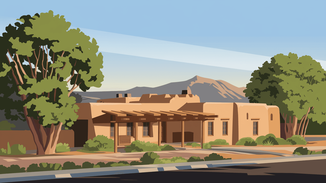 A classic New Mexico adobe home with vigas and a portal in the North Valley, surrounded by mature cottonwood trees with the Sandia Mountains visible in the distance