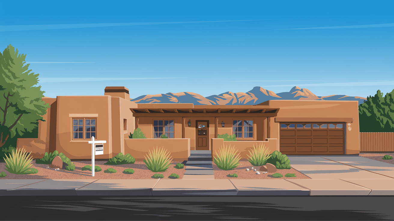 A well-maintained single-story adobe home in Albuquerque's Northeast Heights with a for-sale sign in the front yard, Sandia Mountains visible in the background, clear blue New Mexico sky