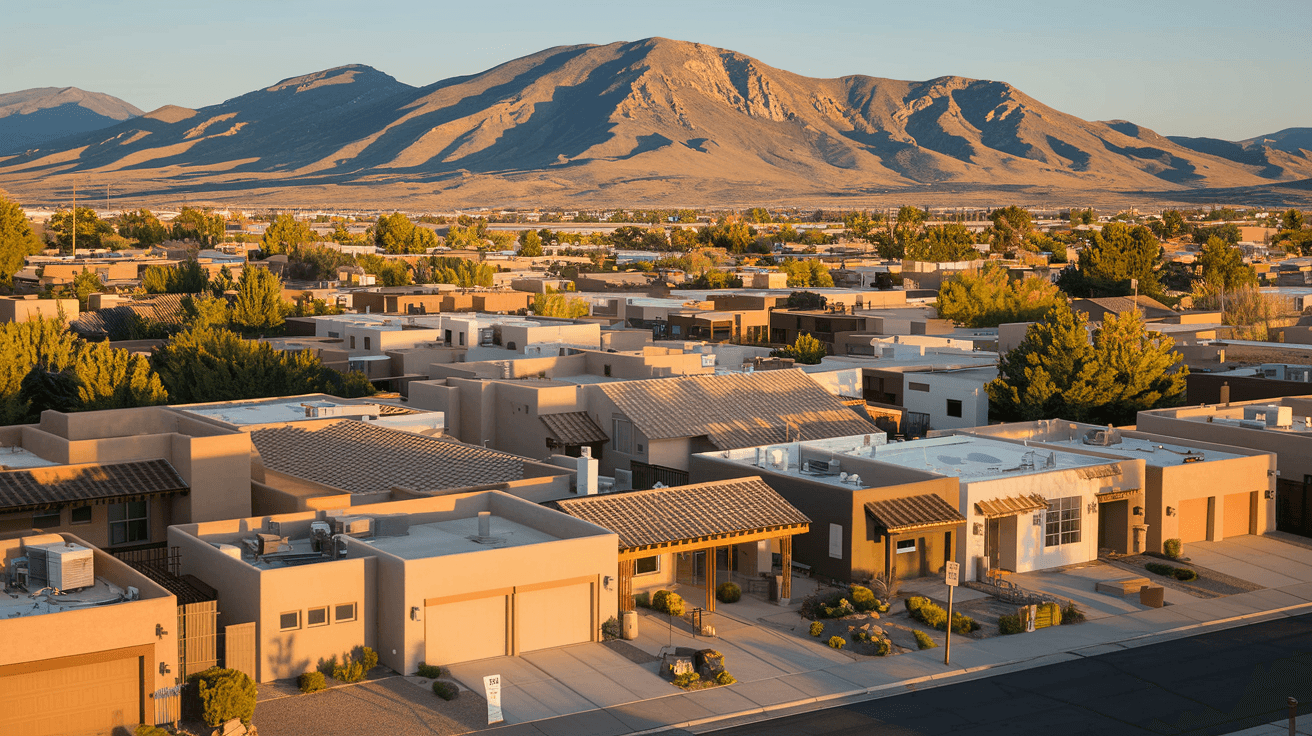 Aerial view of an Albuquerque residential neighborhood in the Northeast Heights with the Sandia Mountains rising dramatically in the background, late afternoon golden light, adobe-style homes with tile roofs