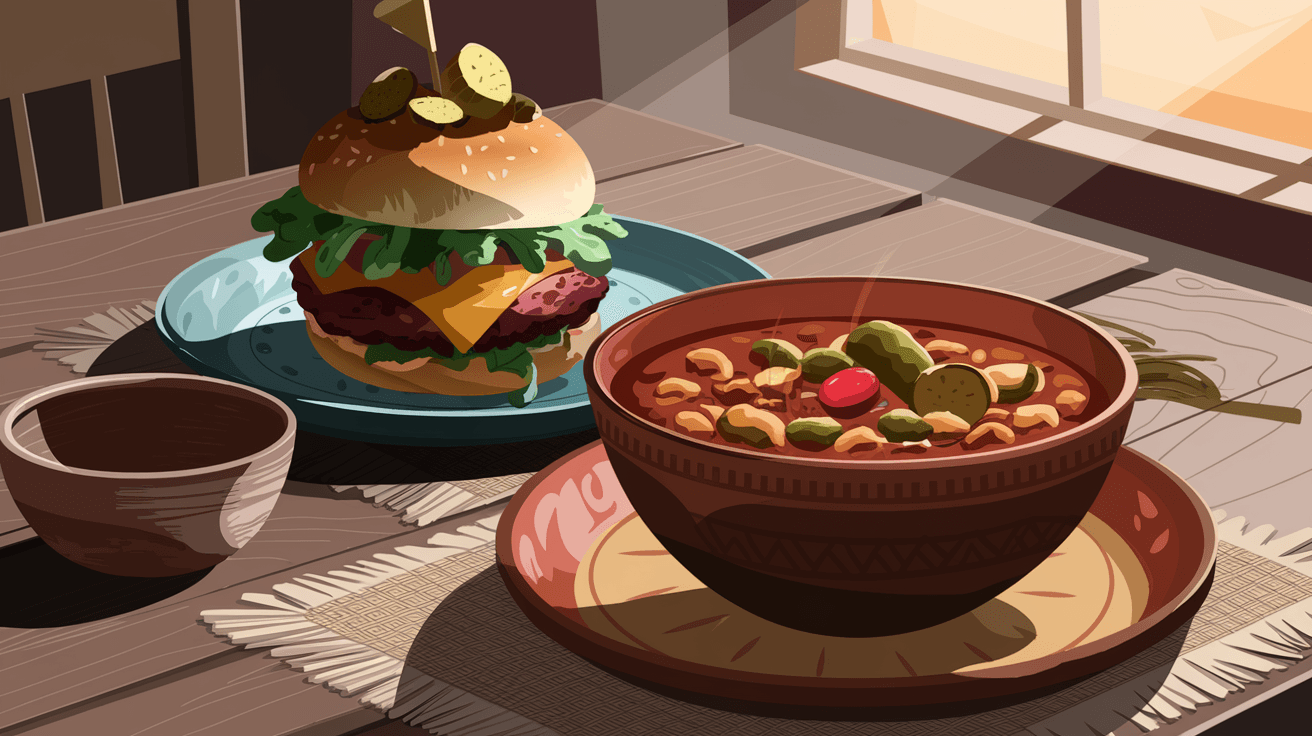 A green chile cheeseburger and a bowl of red chile posole on a wooden table at a local Albuquerque restaurant, warm afternoon light through a window, authentic New Mexico food styling