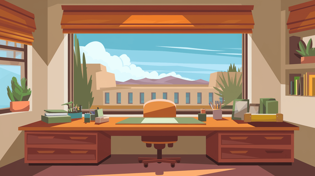 A bright, well-lit home office space inside an Albuquerque adobe-style home with a large window framing a view of the Sandia Mountains in the distance, a clean wooden desk in the foreground