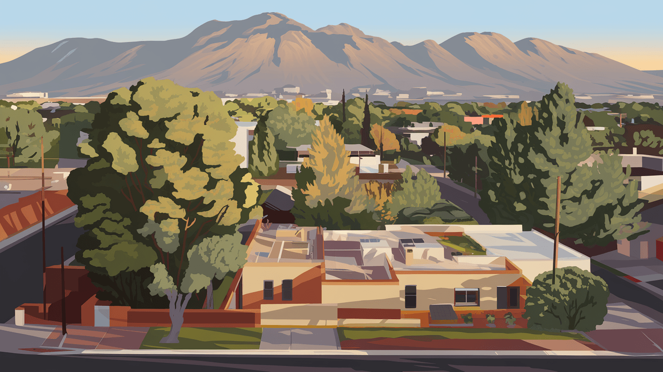 Aerial view of Albuquerque's Northeast Heights neighborhood with the Sandia Mountains rising sharply in the background, adobe rooftops and mature trees visible below in warm afternoon light